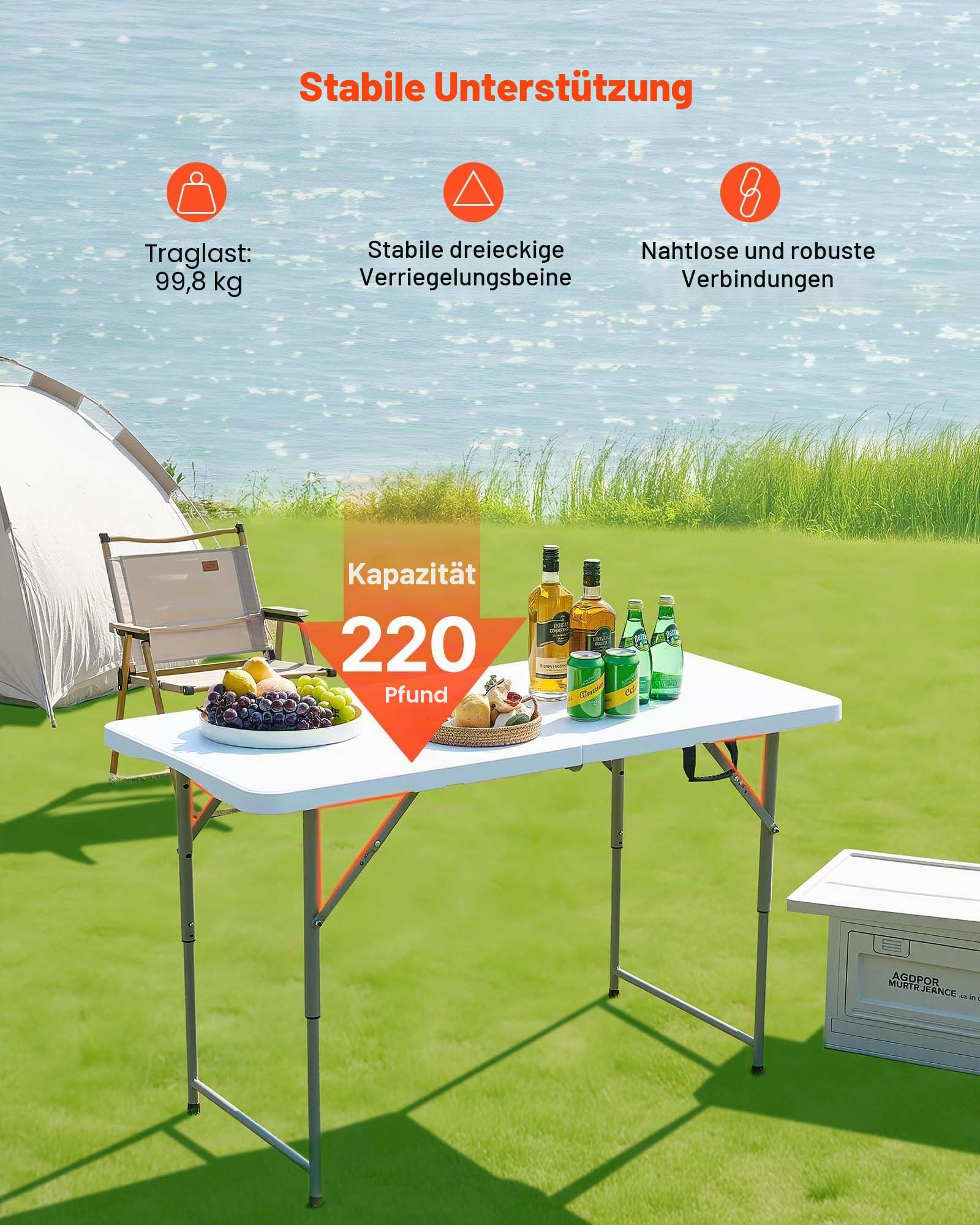 VEVOR Klapptisch Buffettisch tragbarer Allzwecktisch 122 cm, rechteckiger Kunststofftisch mit Verstellbarer Höhe & integriertem Griff, Gartentisch Campingtisch für Partys Picknick Camping, weiß