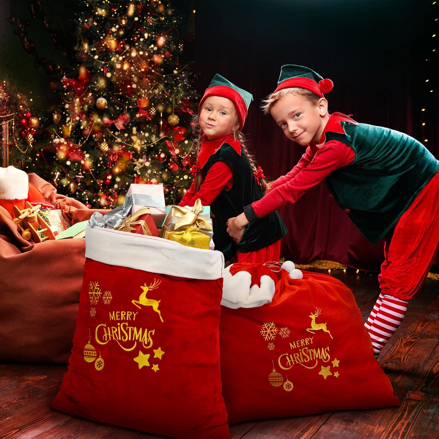 Hoolerry 2 Pcs Large Santa Sacks Drawstring Christmas Bags 27'' x 40'' Red Velvet Santa Bags Christmas Extra Large Gift Sacks for Present Xmas Party Supplies Holiday Wrapping(Reindeer Style)