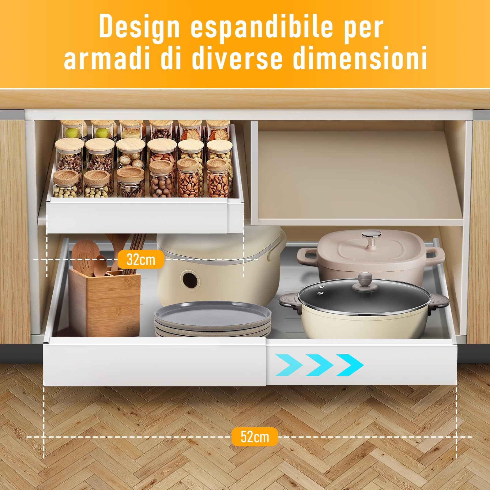 ICARE Cassetto Estraibile Cucina, Larghezza Regolabile 32-52 cm, Acciaio al Carbonio di alta Qualità, Organizer Cucina (Bianco)