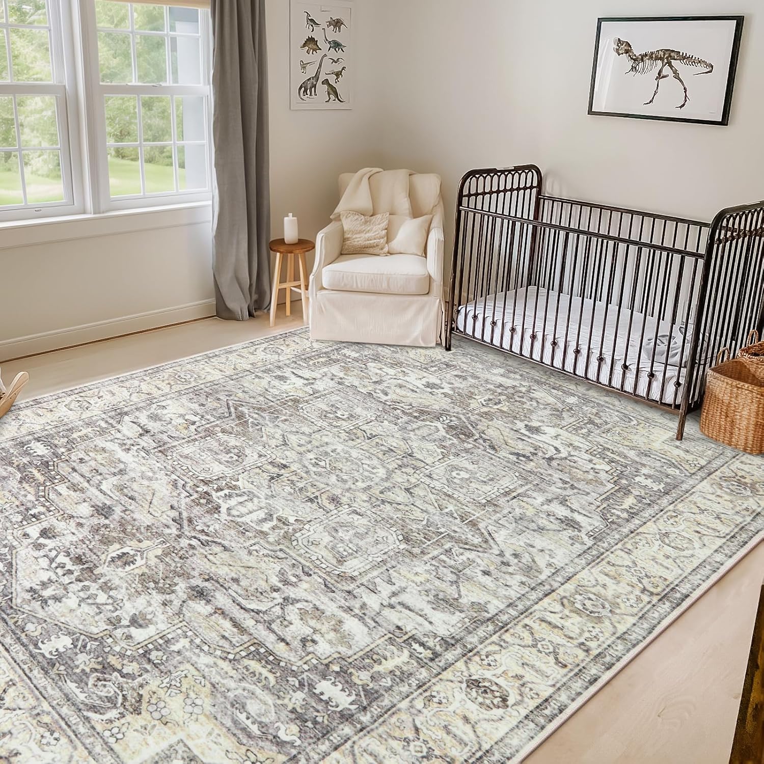 LIVEBOX Washable Rugs 9x12 for Living Room -Soft Non-Slip Large Rugs for Bedroom, Low-Pile Vintage Rug for Livingroom, Non-Slip Neutral Area Rug for Dining Room, Tan/Beige 9‘ x 12’ Tan/Beige