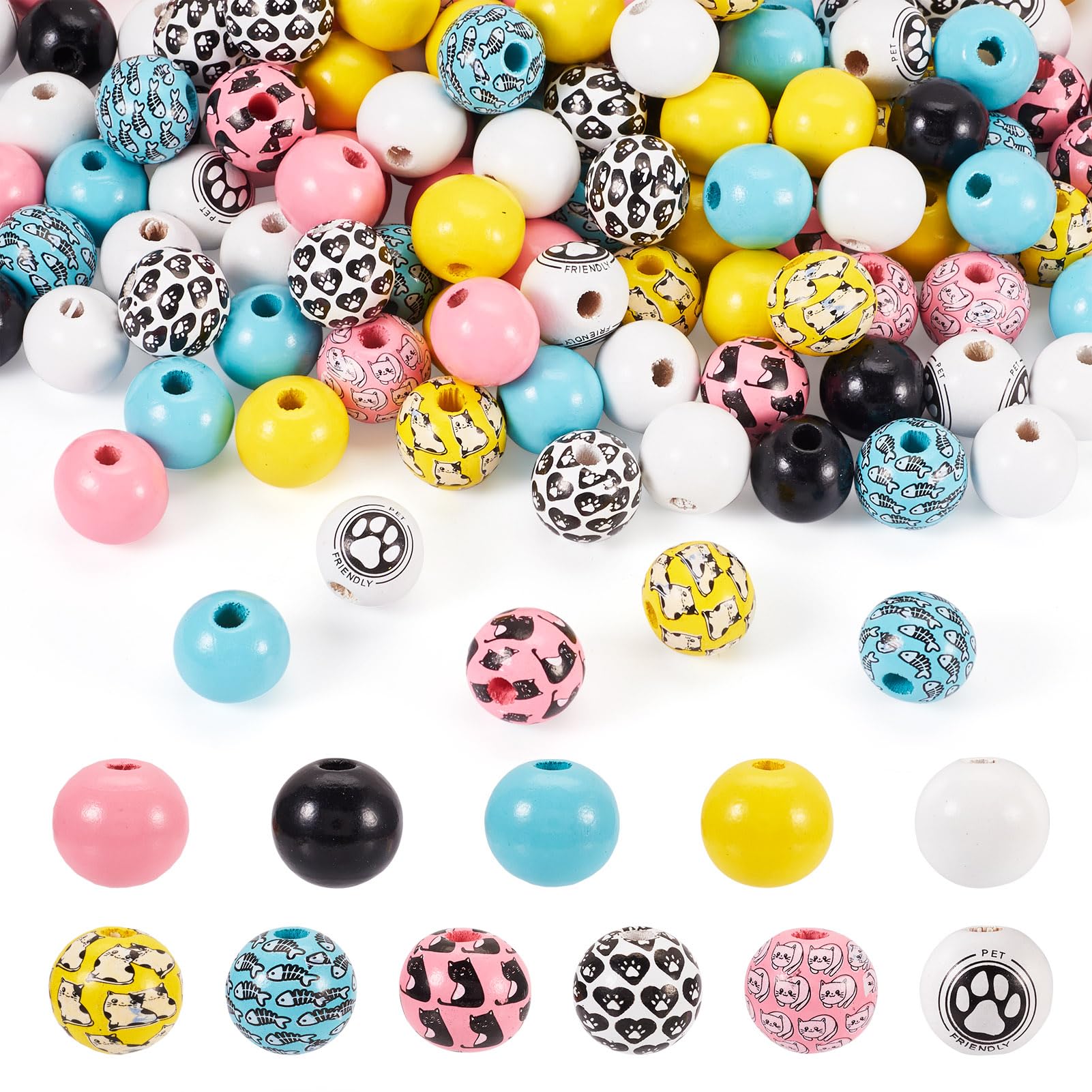 Crafans 160 Pcs Cute Painted Wood European Cartoon Animal Large Hole Wooden Beads