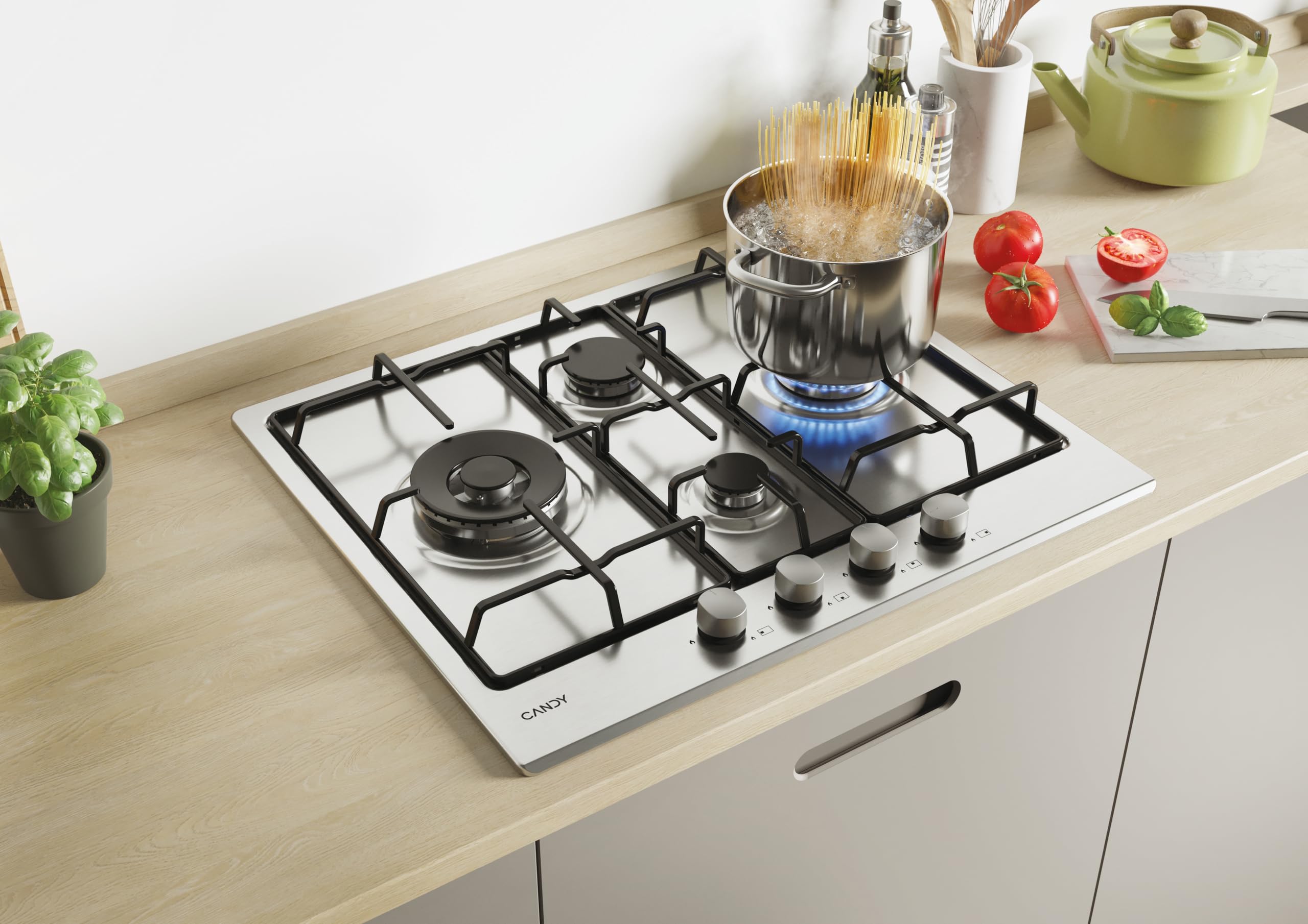 Candy Idea Piano Cottura a Gas 4 Fuochi, Bruciatore Doppia Corona 4000W, Griglie Smaltate Lavabili in Lavastoviglie, Acciaio Inox, Sicurezza Gas, AxLxP 0,8x59,5x51 cm - CHW6D4WX
