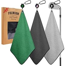 FINGER TEN Golf Towels for Golf Bags Value 2/3 Pack with Strong Magnetic Retractable Carabiner, 15.7x15.7 Microfiber Waffle Pattern Cleaner, Absorbent Set for Men Women Gray&Black&Green-3 Pack