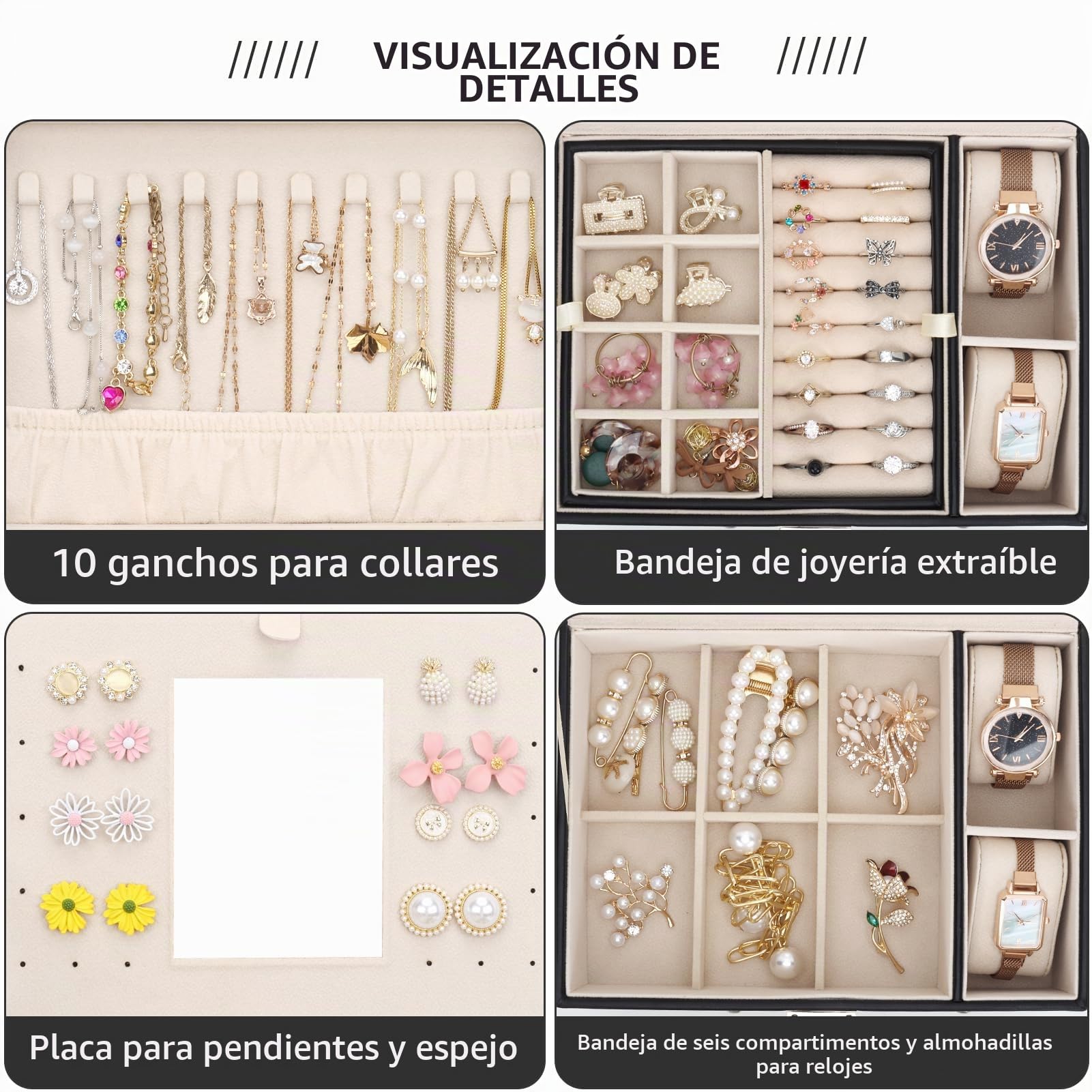 Caja Joyero de 3 Capas de PU, Joyeros Mujer Organizador Grande con Cajones, con Mini Caja Portátil para Viajar, Caja Organizador de Joyas para collares, pendientes, anillos, Negro