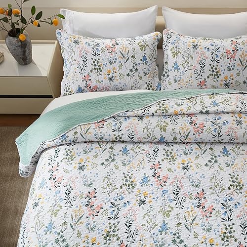 Miniatura 10 de LEAONME Juego de edredón de 3 piezas, tamaño matrimonial, Queen, color verde oliva, ligero, de gran tamaño, de 90 x 98 pulgadas, colcha floral de