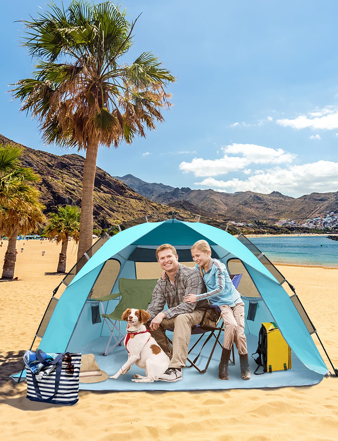 Glymnis Tienda de Playa para 4 – 6 Personas, Carpa Hidráulica Automática Portátil Protección Solar UPF 50+, Proteccion UV, Ventilación con Bolsa de Transporte para Exteriores Picnic