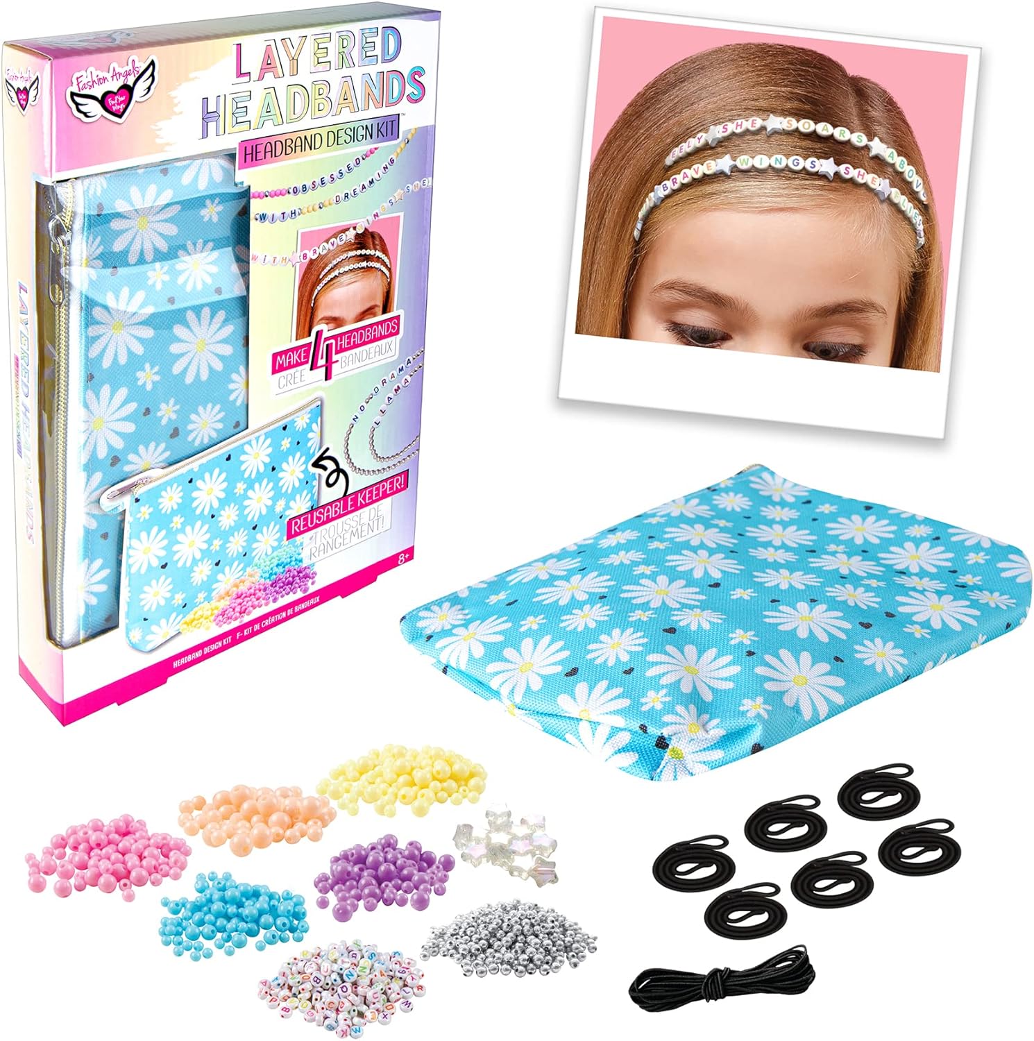 Fashion Angels Layered Headband Design Kit for Tweens and Kids to Make 4 Customized Beaded Headbands with Pastel Beads and Alphabet Beads That Includes Reusable Blue Daisy Cosmetic Bag, Ages 8 and Up