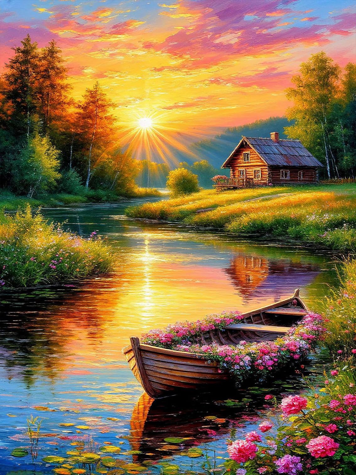 OkarinaArt Diamond Art Kits Adults Countryside Sunset, DIY 5D Diamond Painting Kit for Adults, Riverside Cabin Full Round Drill Gem Art Dots Beginners, Perfect for Home Wall Decor 12X16 Inch