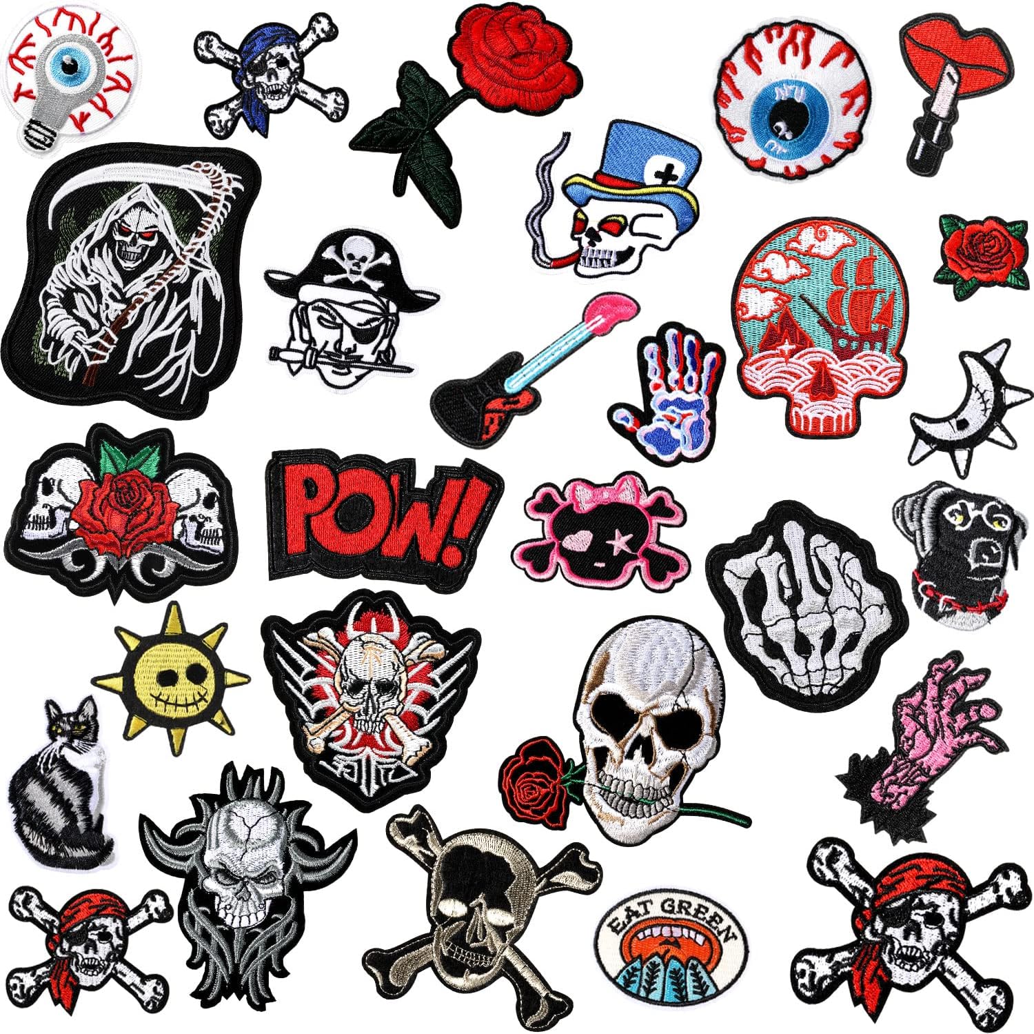 30 Pieces Rock Band Patch or Alien Patches Iron on Patches Assorted Embroidered Iron on Patches Skull Eye Ball Pattern for Halloween Jackets Hat Clothing Bags