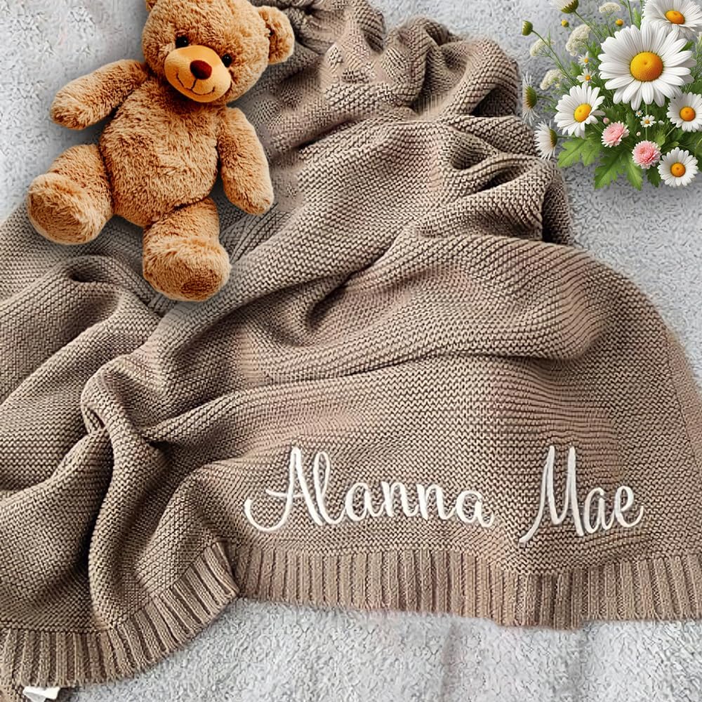 Personalized Baby Blanket, Custom Embroidered Knit Blanket, Name Nursery, Soft Newborn Swaddle, Birthday, Christmas