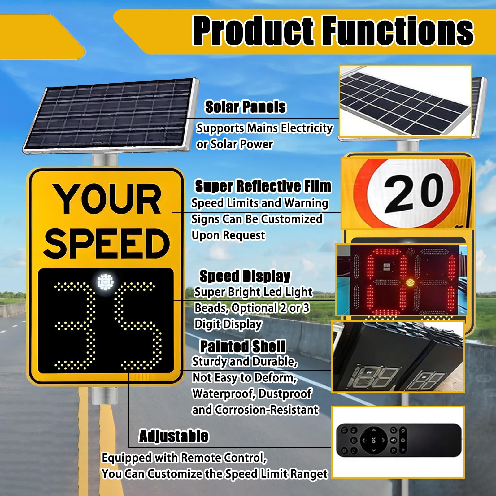 Señal De Velocidad De Radar Con Energía Solar Con Tablero De Pantalla Led Remoto, Impermeable IP65 Para Seguridad Vial, Placa De Advertencia Reflectante De Alto Brillo Para El Control De Tráfico De La