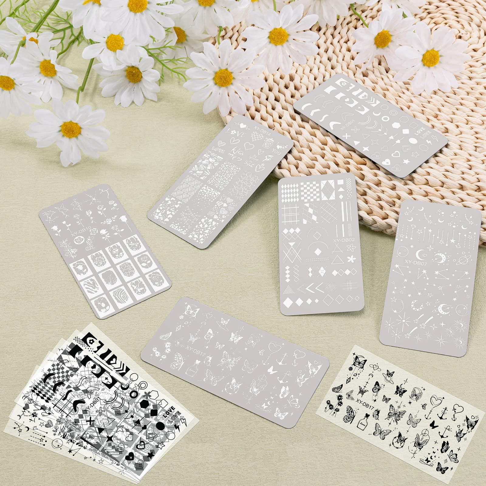 MWOOT 6 PCS Stamping Nail Art, Linee Geometria Fiore Cuore Farfalla Stencil Unghie Nail Art, Unghie Piastre French Manicure Nail Piastra, Unghie Timbro Scraper Piatti Templates per Decorazione Unghie