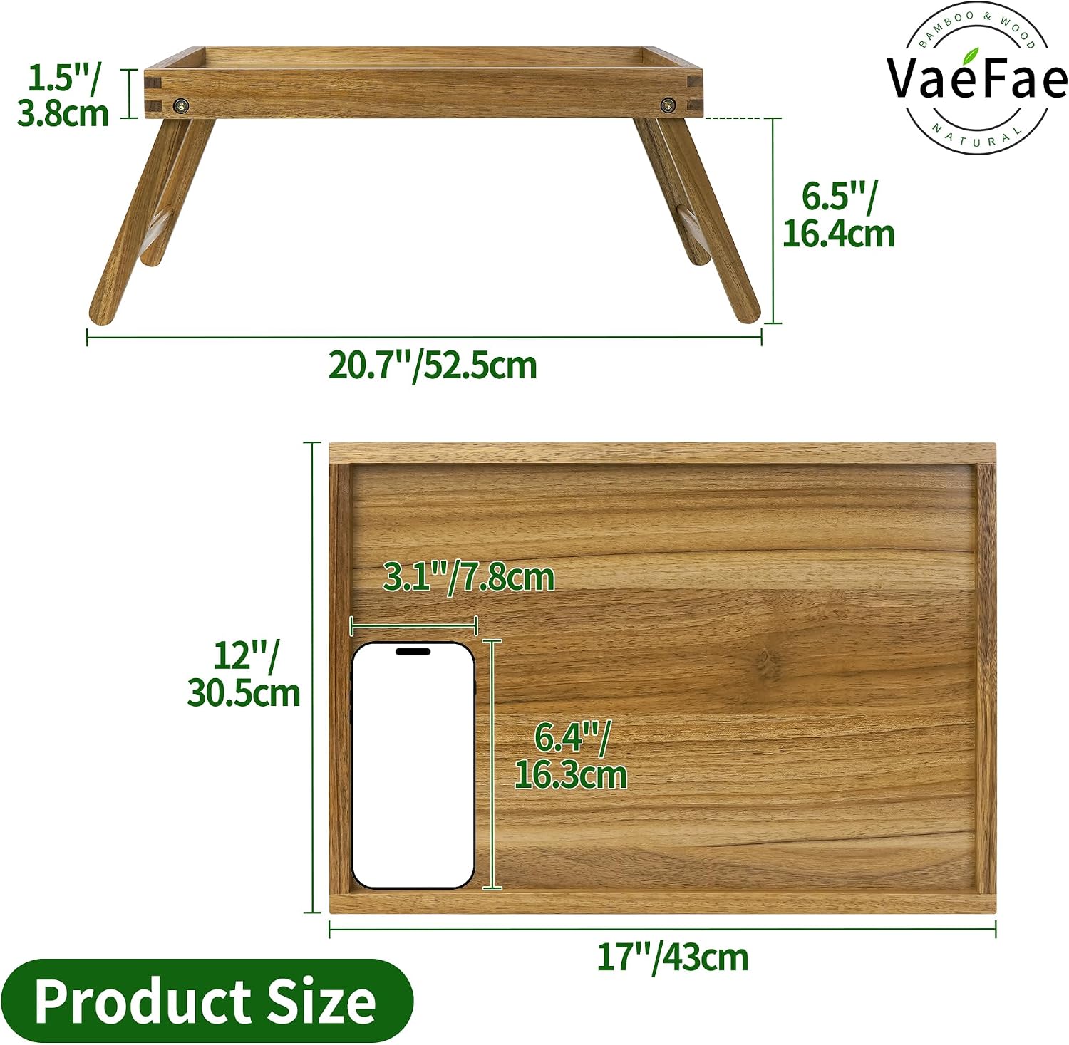 VaeFae Acacia Bed Tray Table with Folding Legs, Medium image 3