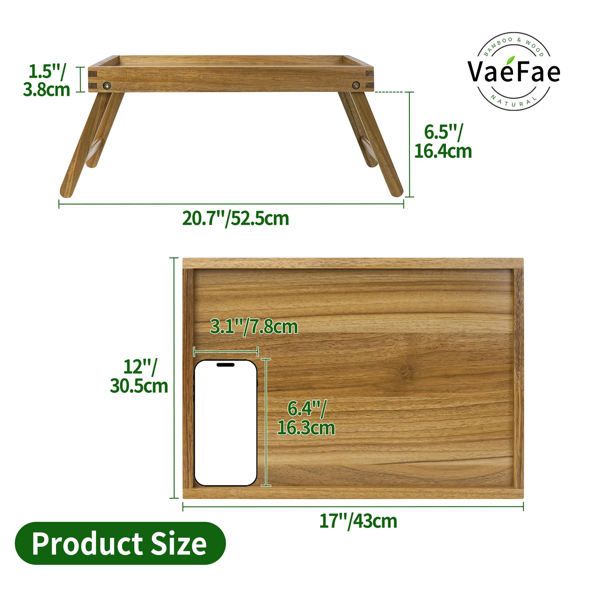 VaeFae Tavolino da letto in acacia, vassoio in legno con gambe pieghevoli, vassoio per mangiare e laptop, vassoi per mangiare per camera da letto