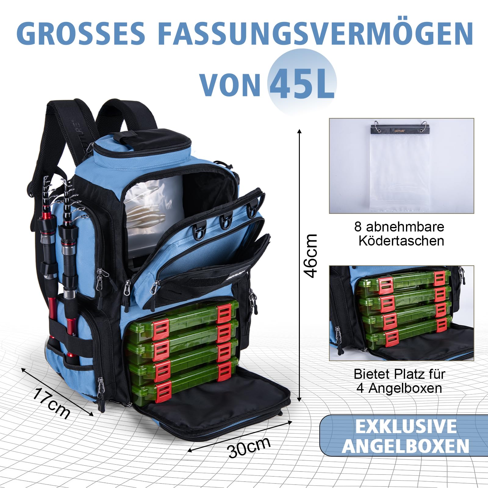 Goture Mochila de pesca con 4 cajas de cebo de pesca, mochila de 45 litros con dos soportes para cañas y protector de lluvia, tela Oxford 600D, bolsa impermeable para aparejos de pesca con