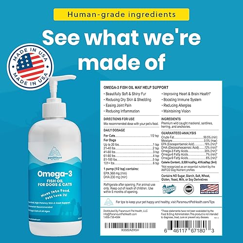 Miniatura 2 de Aceite de pescado Omega 3 de captura silvestre para perros y gatos, suplemento líquido EPA DHA para piel, abrigo, articulaciones y corazón, gotas de