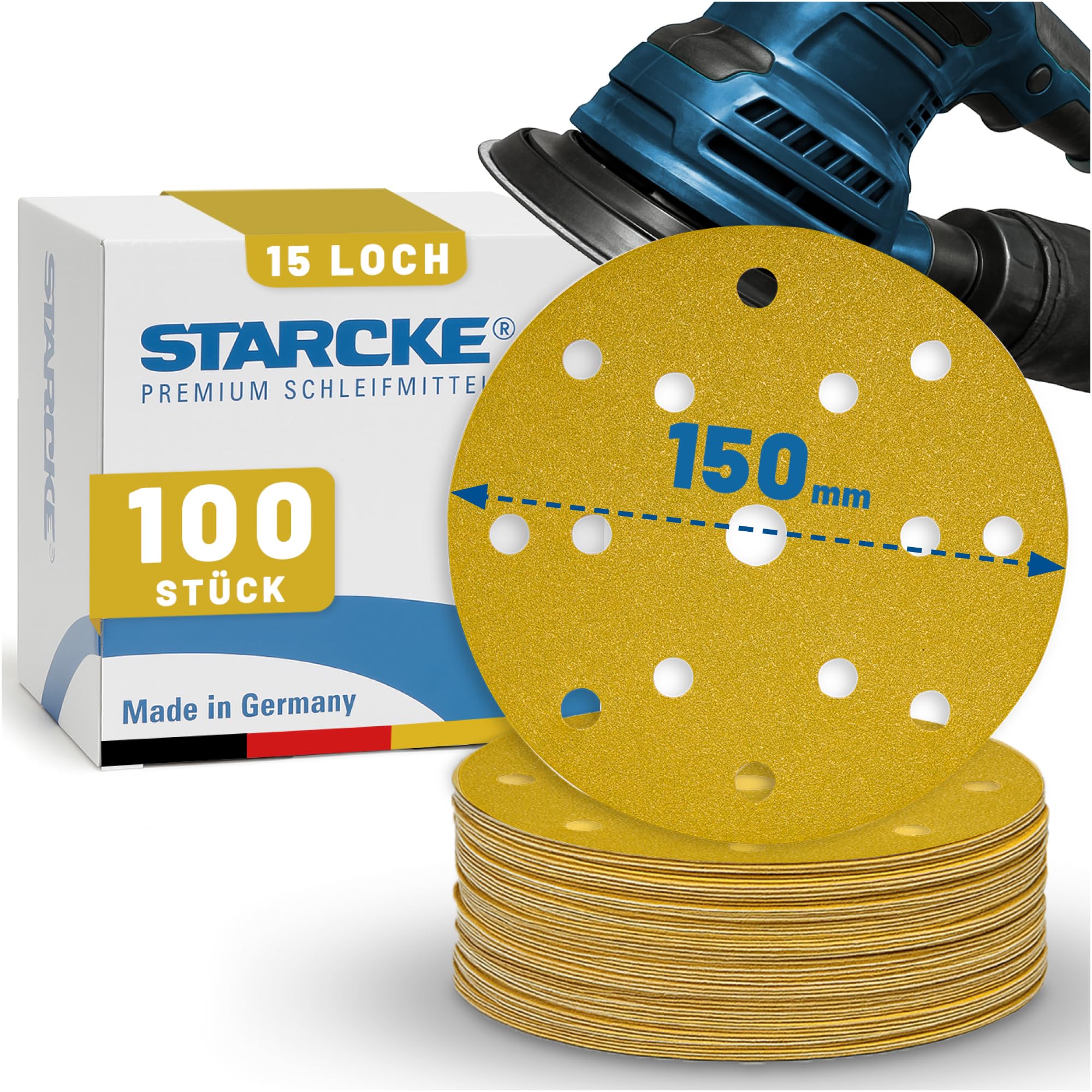STARCKE® Schleifscheiben 150mm Klett - Langlebig - MADE IN GERMANY [50x/100x] - 15-Loch Exzenterschleifer 150mm Schleifscheiben - für Holz, Farbe, Lack, Spachtel, Kunststoff (P120,100x)