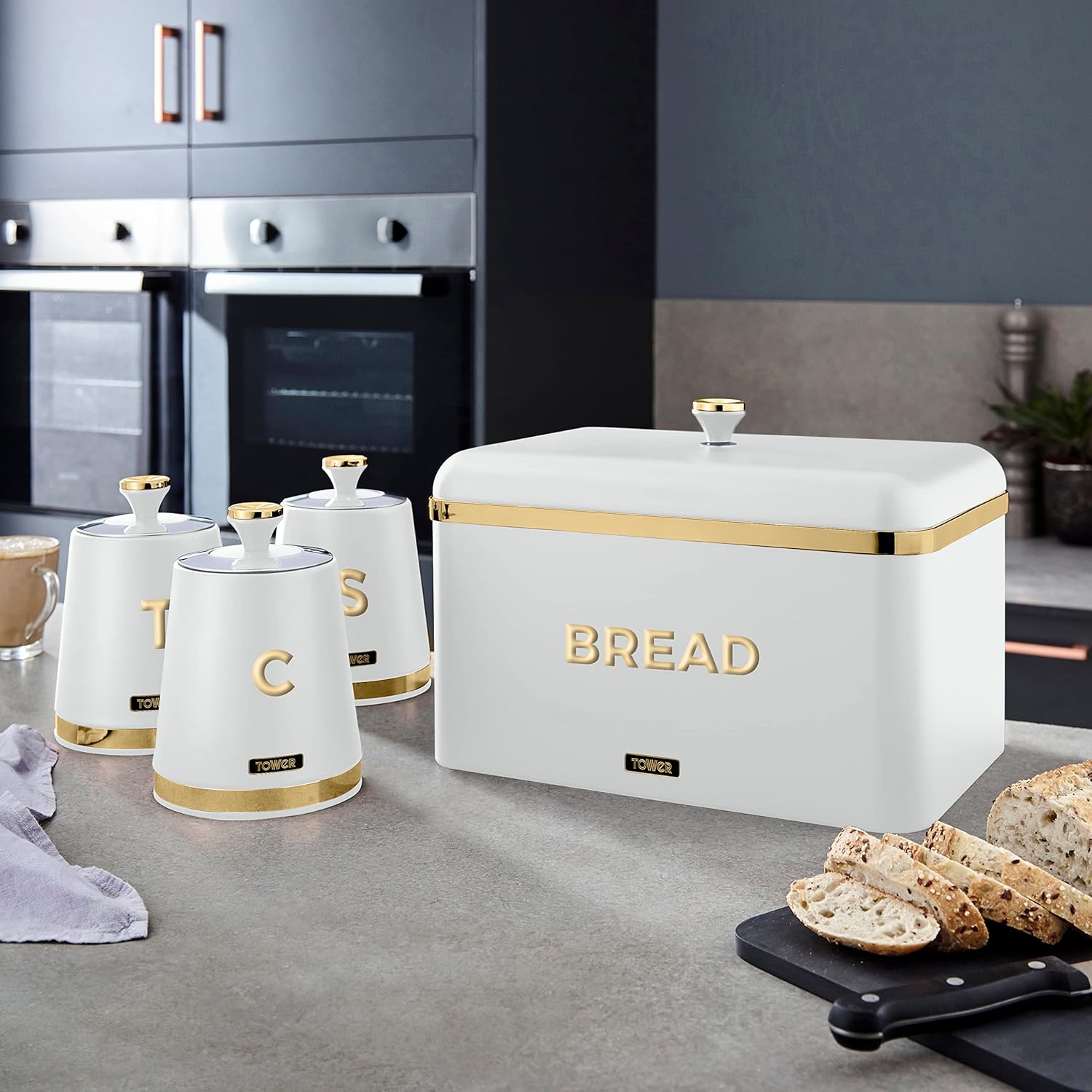 Tower Cavaletto Kitchen Storage Set of 4. Matching Bread Bin & 3 Tea