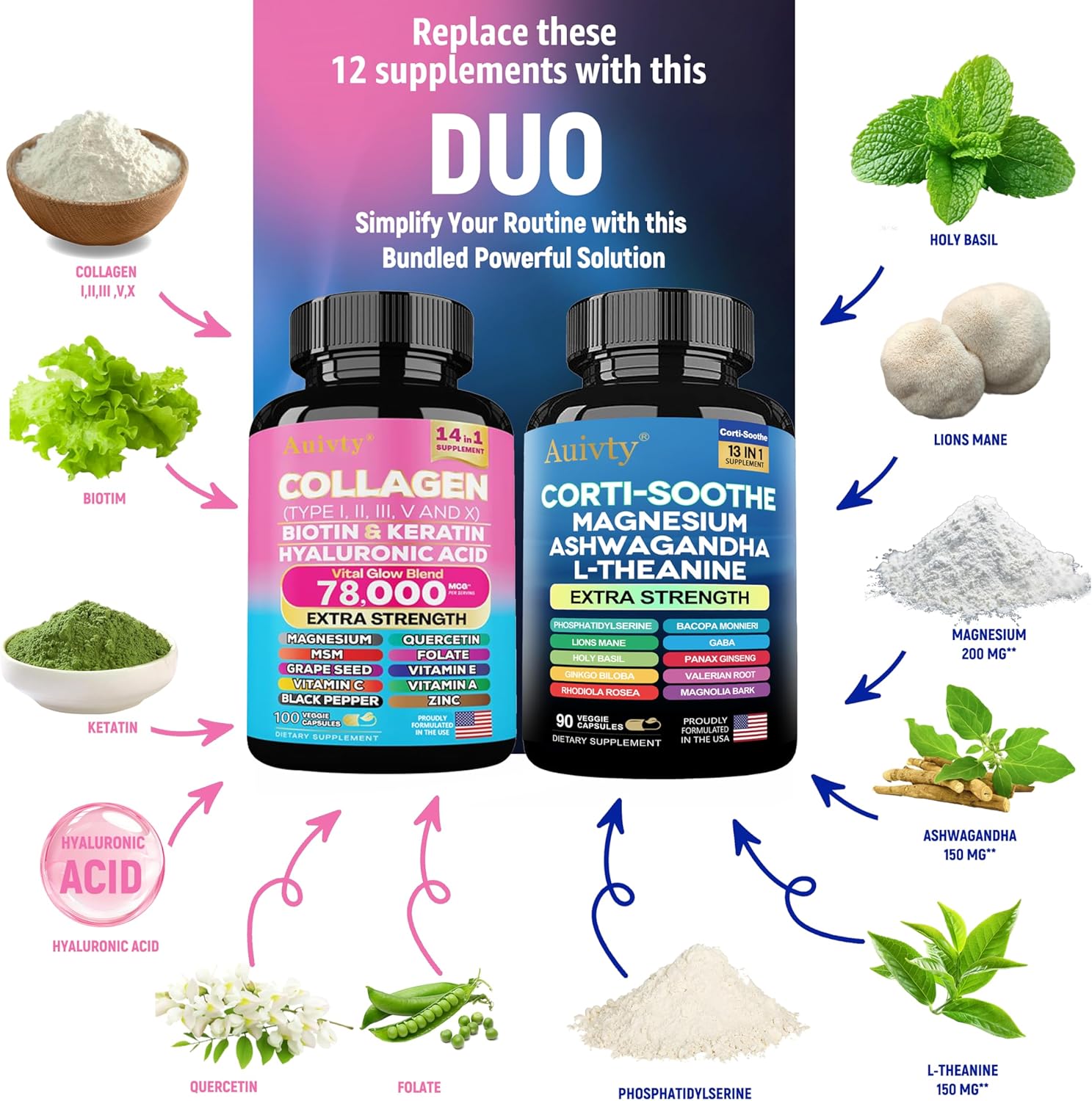 Shining Serenity Set, Calm & Collagen Bundle with Magnesium, Ashwagandha, L-Theanine, Multi Type Collagen, Biotin, Keratin & Hyaluronic Acid, Daily Mood & Beauty Support, 2 Bottle Pack