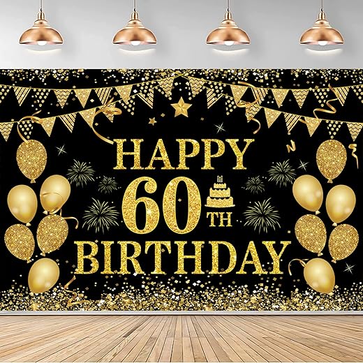 60th Birthday Decorations for Men Women - Happy 60th Birthday Banner Party decorations Cheers to 60 Years Birthday Party Suppiles Black Gold Backdrop for 60th Birthday Decor (71 x 45 inch)