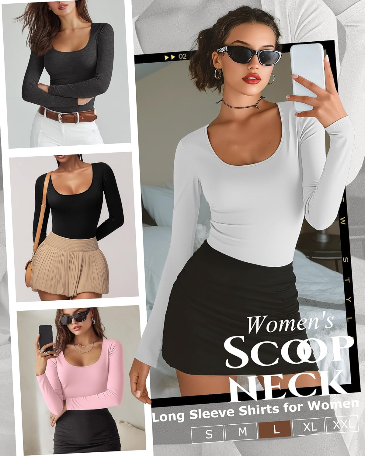 4 Pack Women's Long Sleeve Shirts Scoop Neck Slim Fitted T-Shirt Tight Sexy Lightweight Casual Tops Y2k Basic Tee - Image 2