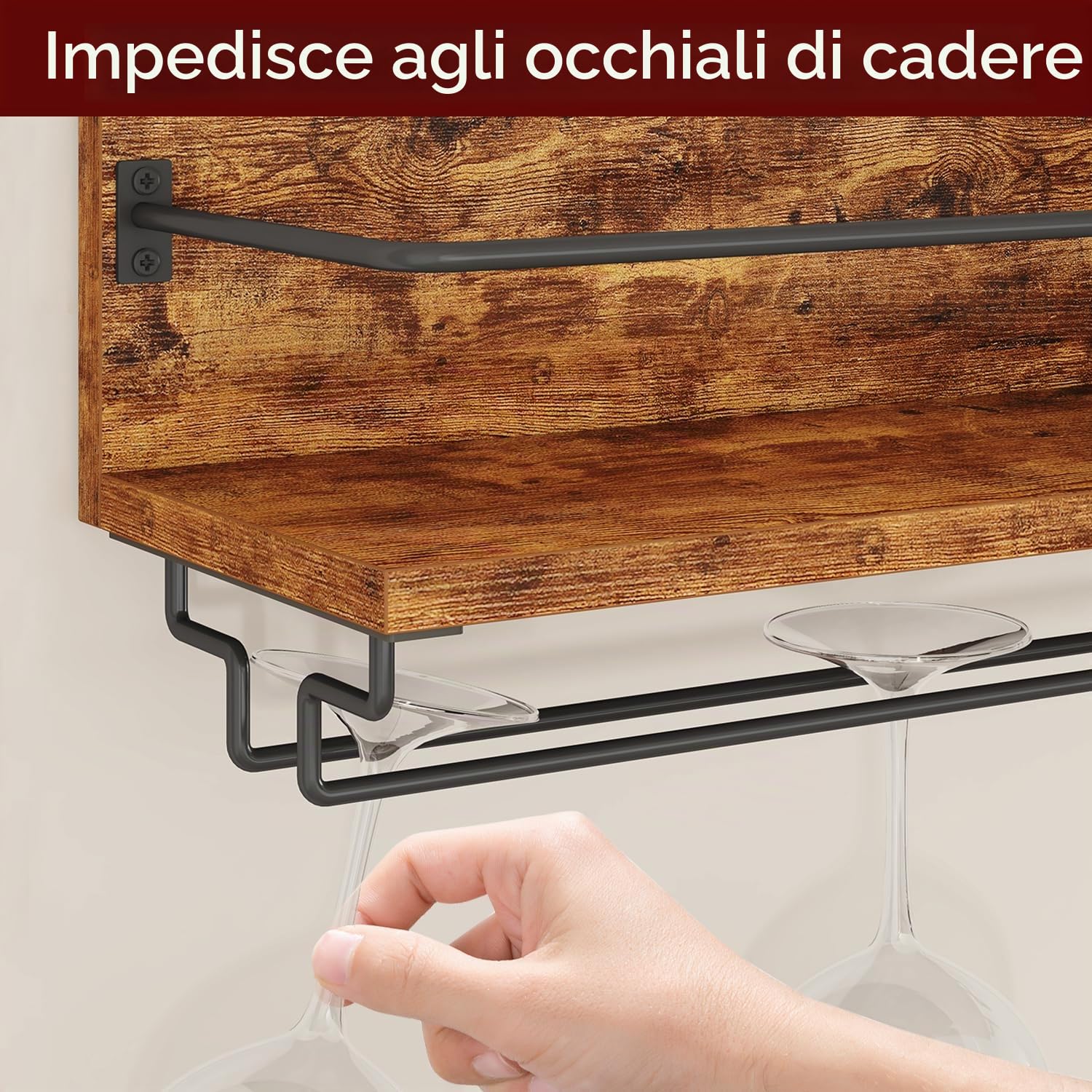 IBUYKE Portabottiglie da Parete,Porta Vino in Legno,Set da 2,Porta Calici da Parete,Multifunzione Mensola Parete per Cucina, Sala da Pranzo, Bar, Marrone Rustico TMJ910H