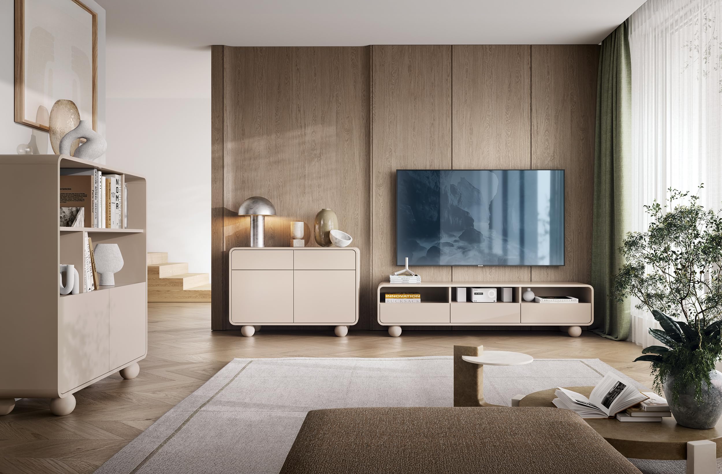 3xE living Mobile TV con Gambe 180 cm, Cashmere, 180 x 39 x 44 cm