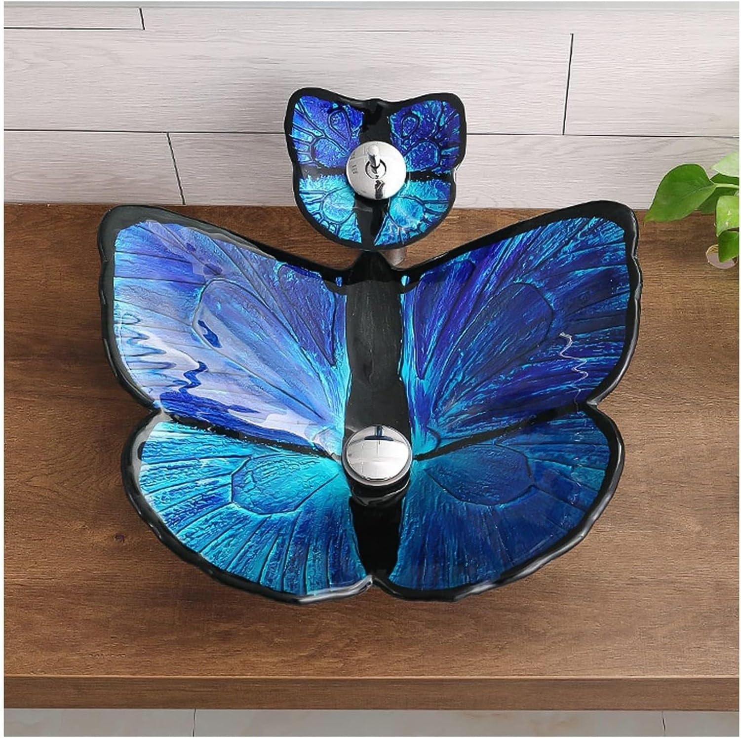 Lavabo de vidrio templado sobre encimera con grifo, Azul, 57x45x15.5cm