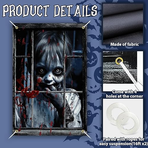 Miniatura 3 de 2 piezas de decoración de ventana de Halloween aterradora, cubierta de ventana de silueta fantasma con efectos sangrientos, cortina de casa