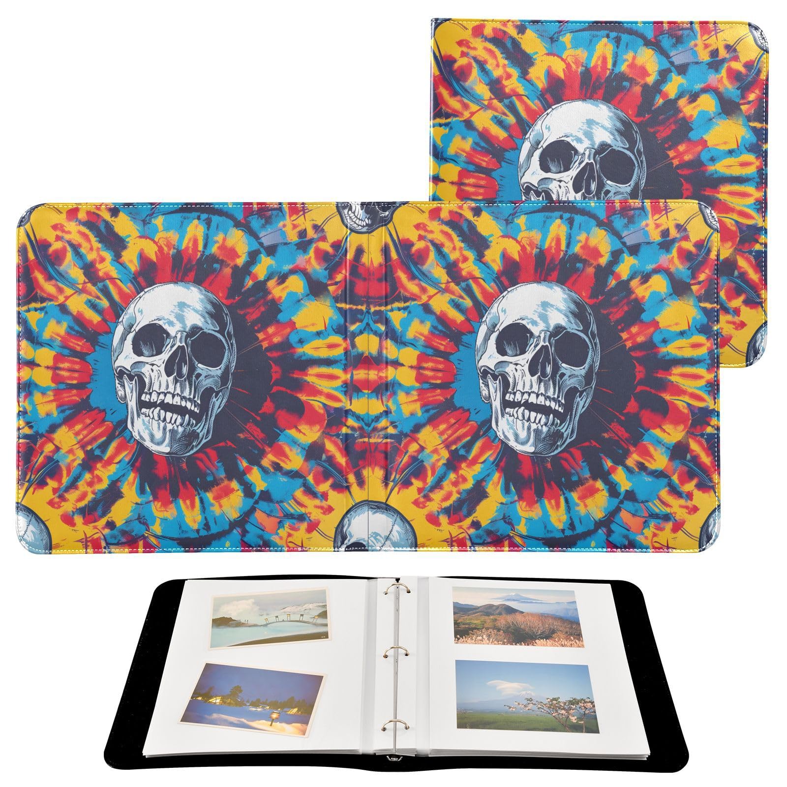 JIPONI Tie-dye Skull Large Photo Album, DIY Leather Cover Scrapbook Albums for 4x6 5x7 6x8 Pictures, Self Adhesive Memory Book for Wedding, Baby, Family