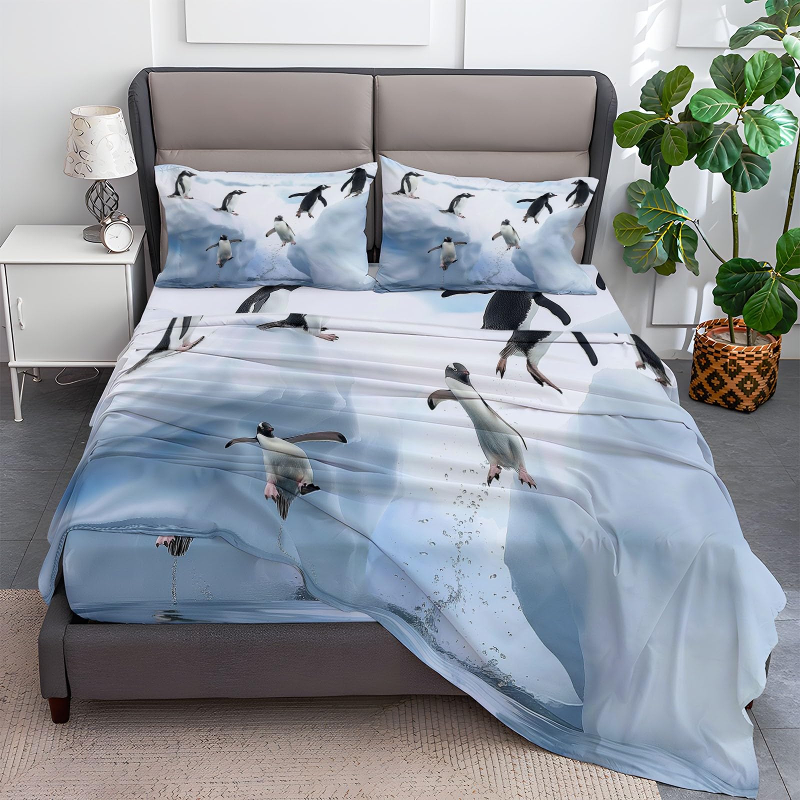 Fitted Sheet Twin Size Bedding Set for Kids Girls Women Men Room Decor, Soft Microfiber & Deep Pocket & Wrinkle Free Nature Animal Penguin Bedding Sheets, White