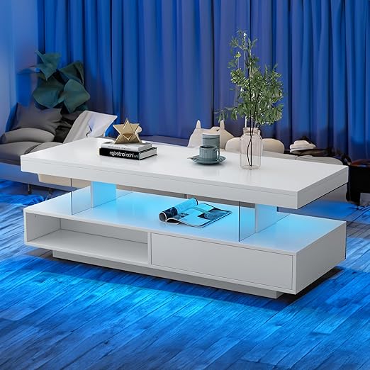 realglow LED Coffee Table with Storage, High Glossy LED
