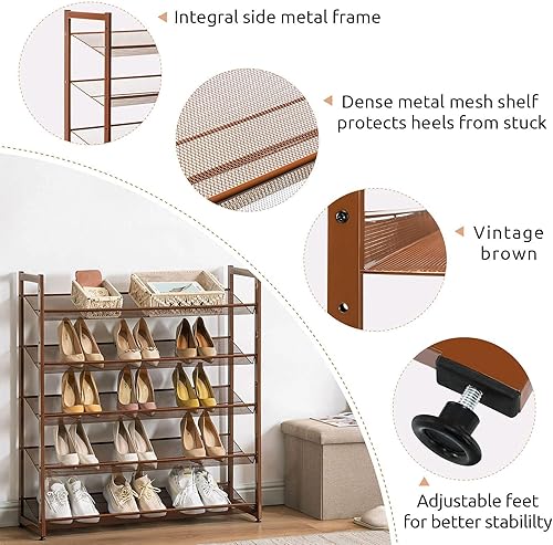 Miniatura 5 de Apicizon Zapatero de metal de 5 niveles para hasta 25 pares de organizador de zapatos con ángulo de inclinación a plano, estantes apilables de