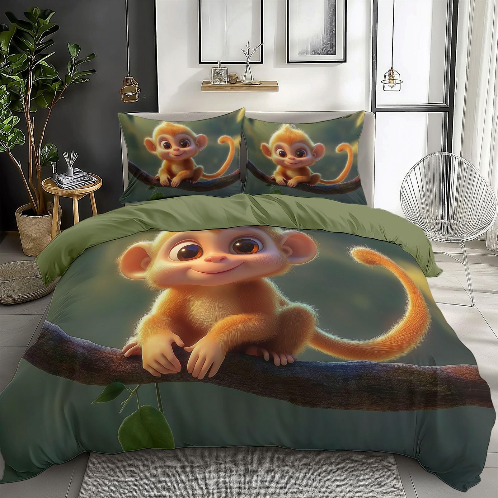 California King Duvet Cover Cute Cartoon Monkey Cal King Bedding Duvet Cover Set, 3 Pieces, Soft and Breathable Comforter Cover with 2 Pillow Shams, for All Season