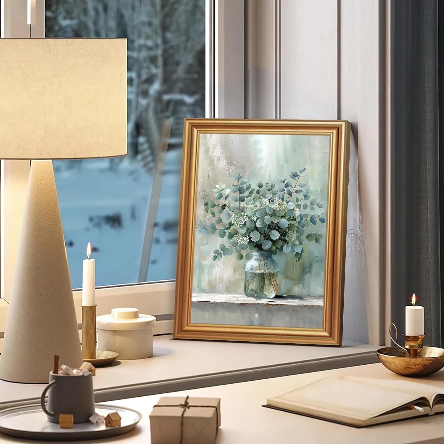 EJPFOGV White Flowers Eucalyptus Still Life Framed Canvas Wall Art 12x16 in image 4