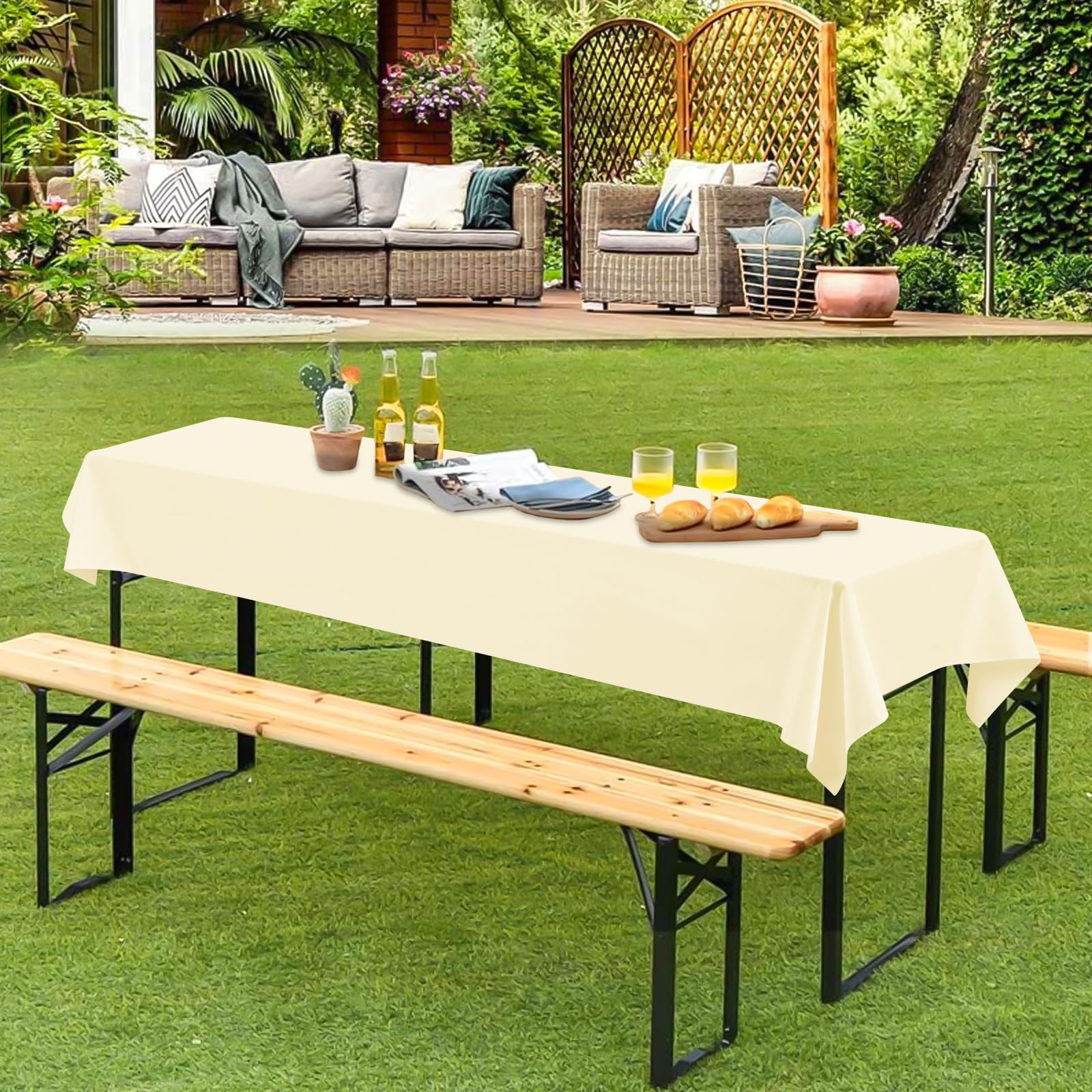 6 tovaglia da birra, 100 x 250 cm, impermeabile, in poliestere, beige, per tavoli da birra da 50 e 70 cm, tovaglia rettangolare per feste di nozze