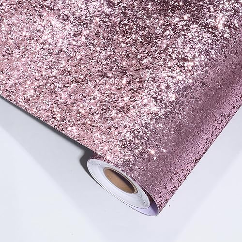 STICKEEP Papel tapiz con purpurina rosa para dormitorio de niñas, papel de contacto con purpurina gruesa, papel de pared con purpurina autoadhesiva