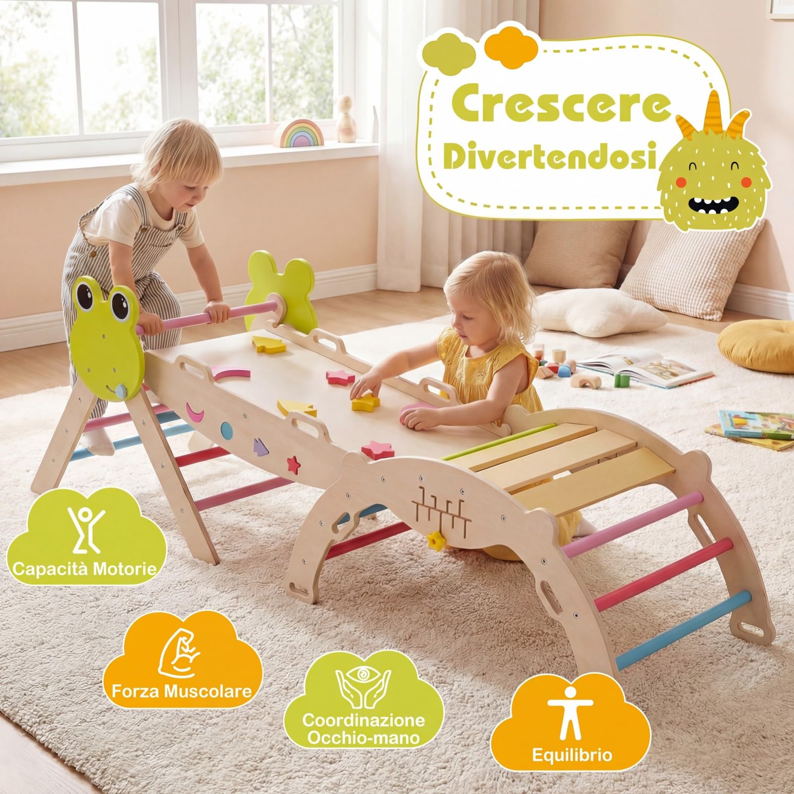 RELAX4LIFE Set da Arrampicata per Bambini, Triangolo di Arrampicata con Scivolo e Arco, Gioco di Incastri in Legno, Gioco Montessori per Bambini 1+ Anni (Rana-3 Pezzi | Colorato)