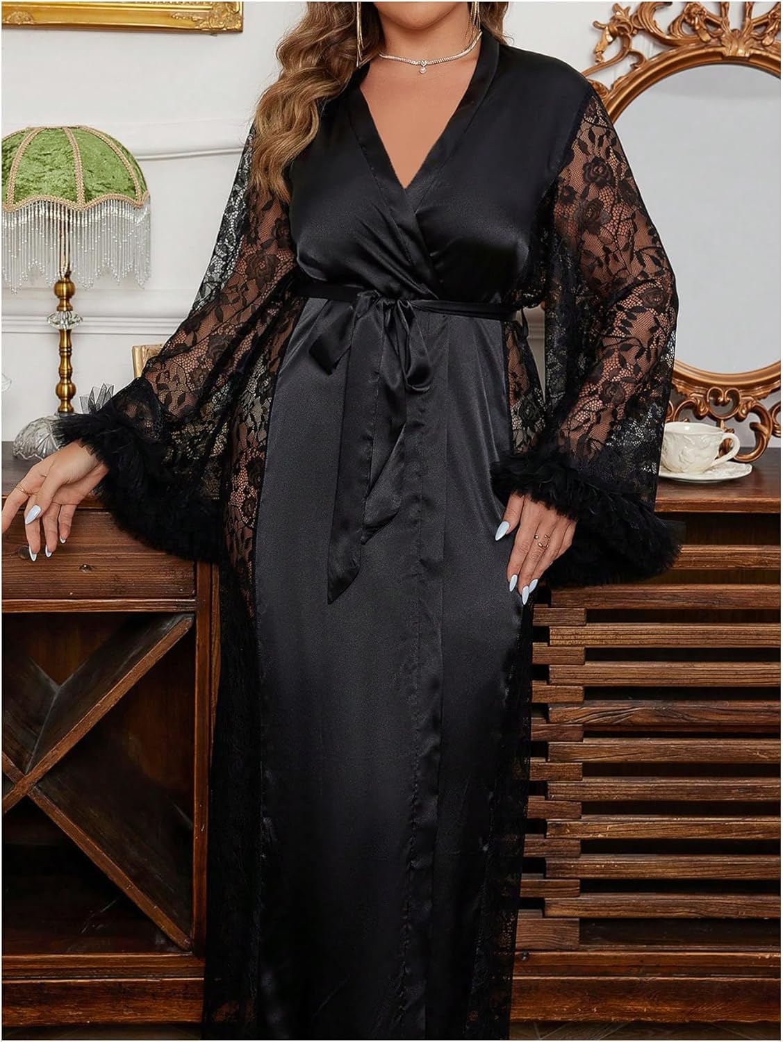 WDIRARA Women's Plus Size Satin Robe Sheer Lace Kimono Fuzzy V Neck Long Sleeve Belted Bathrobe - Image 3