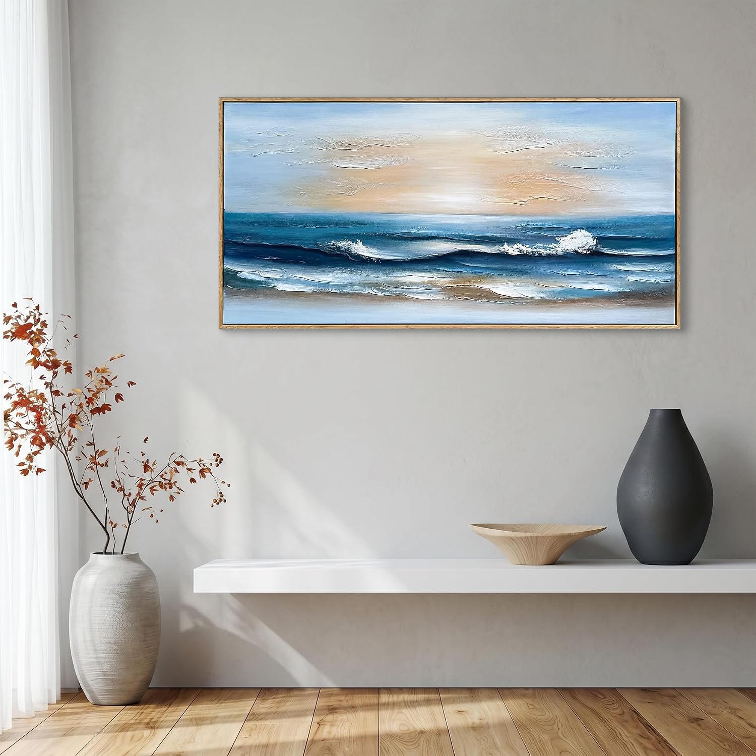 Eonzeun 20x40 Framed Hand Painted Canvas Ocean Seascape Oil Painting