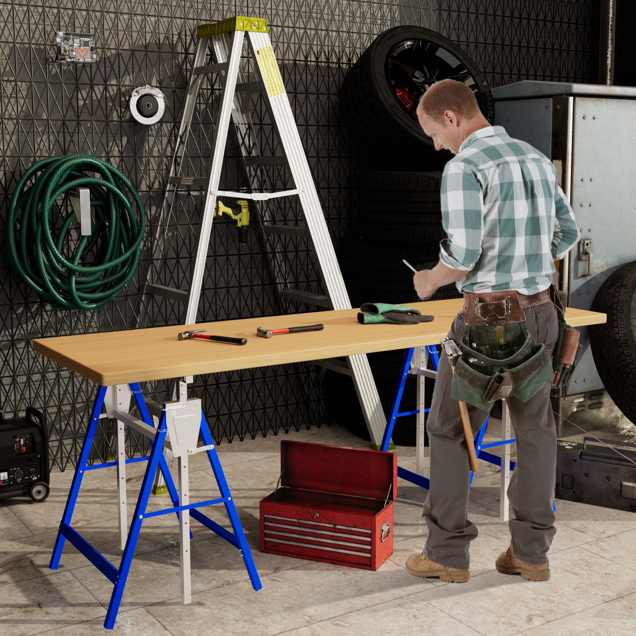 AufuN Lot de 2 tréteaux d'échafaudage réglables en hauteur de 800 à 1300 mm - Support stable pliable - Charge maximale : 150 kg - Supports en métal pour un rangement et un transport faciles - Bleu