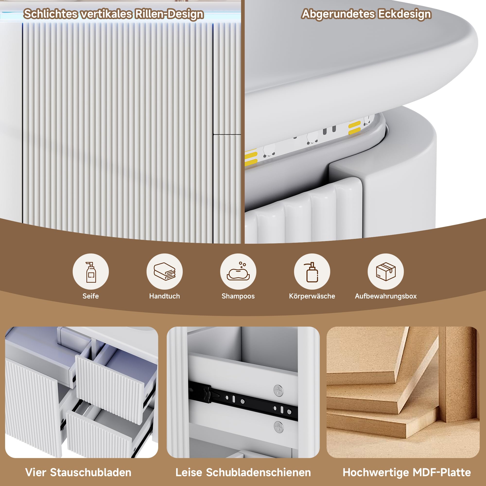 80,5 × 47,5 × 51 cm, mobiletto da bagno a parete sospeso, completamente laccato, struttura verticale, lampada LED con sensore di movimento radar, cassetti silenziosi, lavabo in un unico pezzo