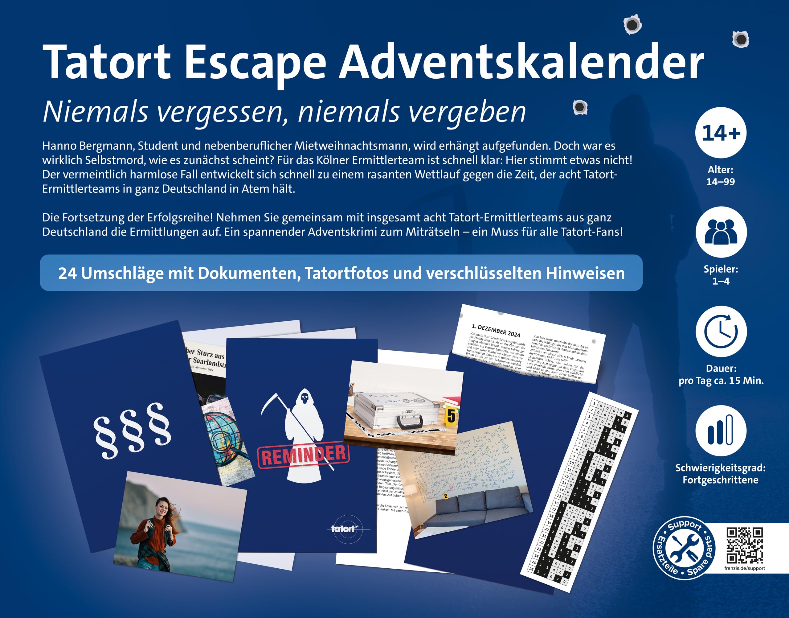 FRANZIS 67227 - Tatort Escape Adventskalender: Niemals vergessen, niemals vergeben, Escape Room mit 24 spannenden Rätseln für die Adventszeit