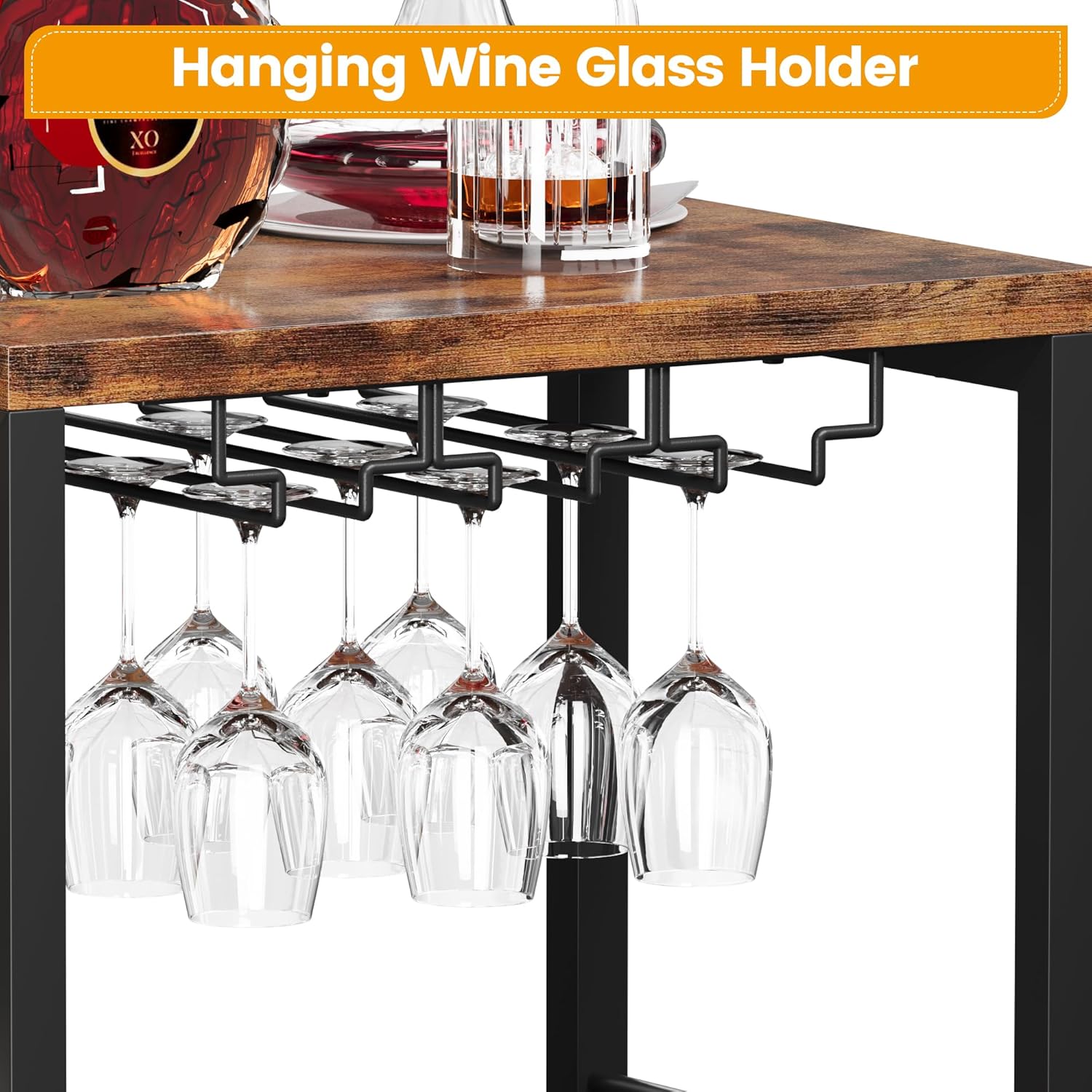 Homeiju Liquor Cabinet Bar for Home Bar, 3 Tier Wine Rack Freestanding Floor with Glass Holder and Fences, Trapezoidal Liquor Bottle Display Shelf for Liquor Whiskey Wine, Brown
