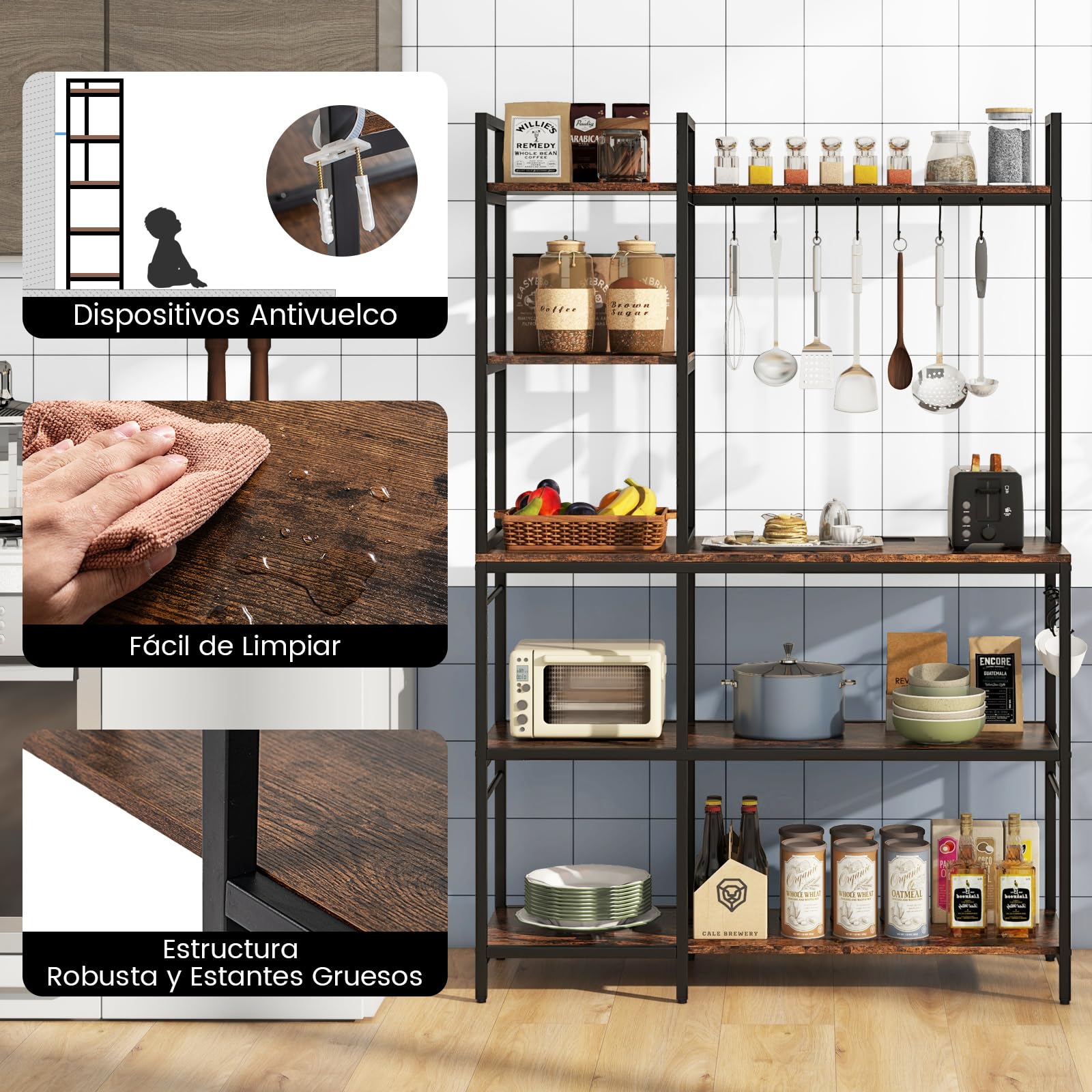 GOPLUS Estantería de Cocina con 5 Estantes y 10 Ganchos, Estante Ahorrador de Espacio para Microondas, Estante Multiusos para Panadería con 6 Patas Regulables, Estilo Industrial, 107 x 37 x 160 cm
