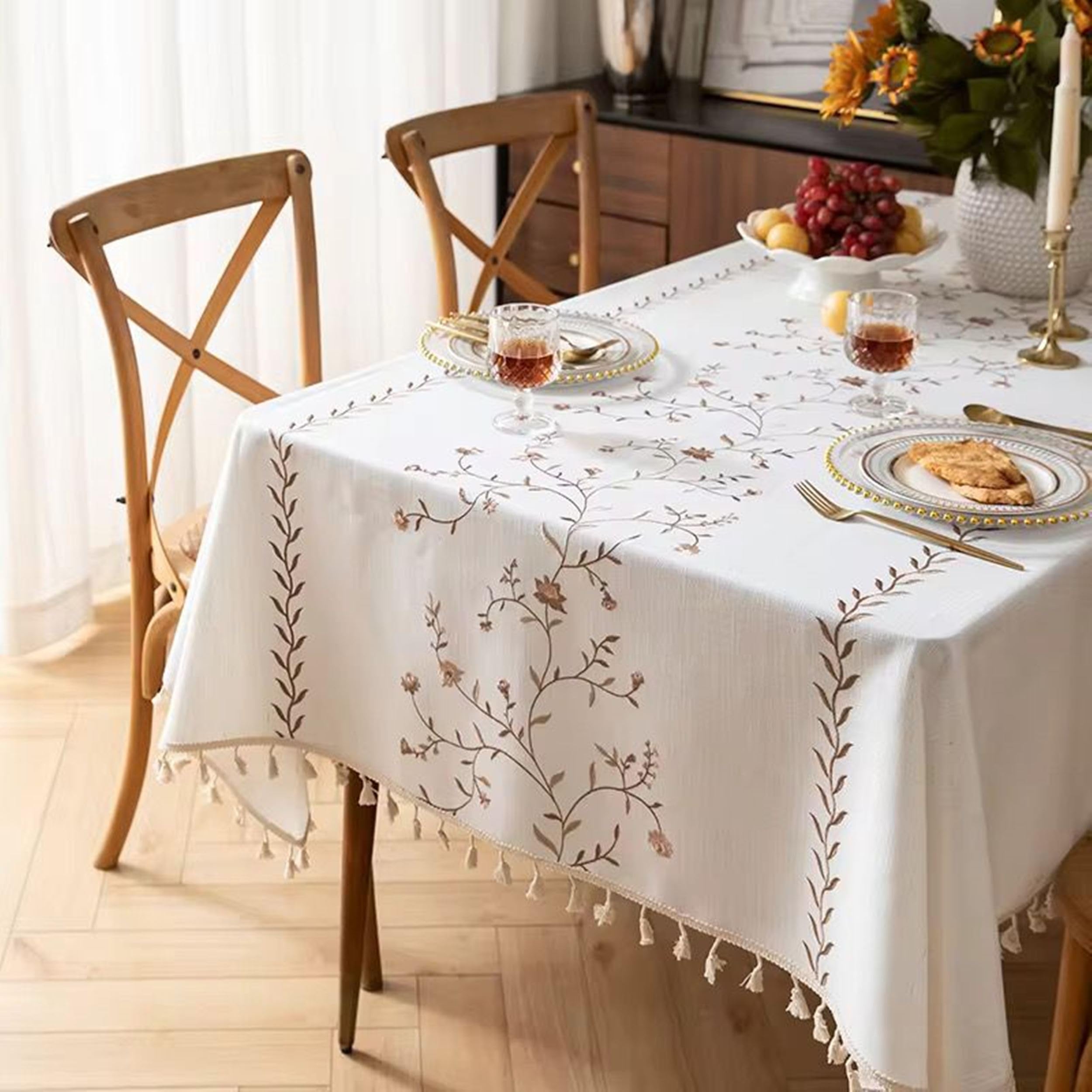 Embroidered Dining Table Cover with Tassel Fringe | Premium Cotton Linen Blend Table Cloth with Floral Vine Design | Dustproof Decorative Cover for 6 Seater Tables | 60x90 Inch. Flower-Brown-image-22