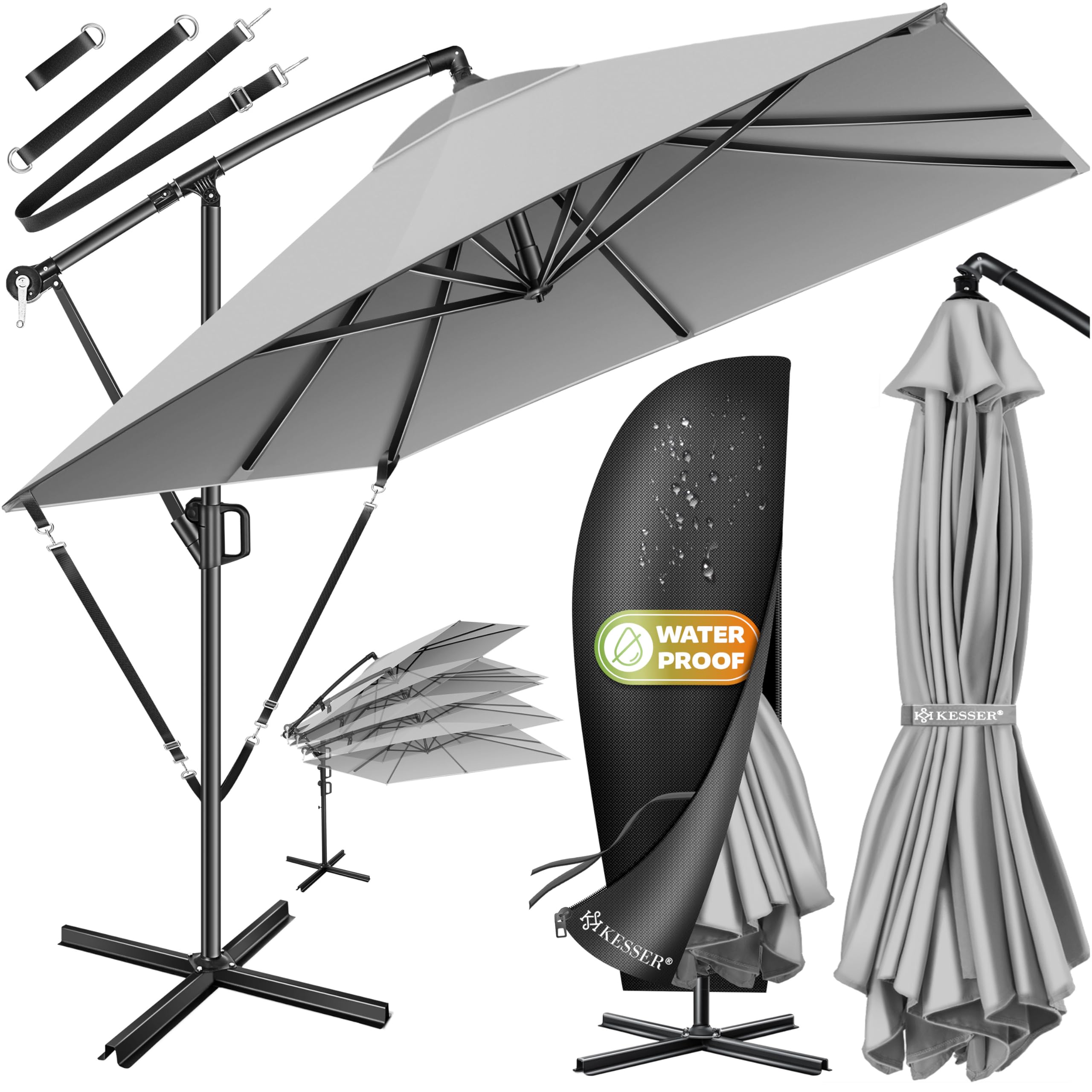 KESSER® Sonnenschirm 250x250cm, Kurbelschirm, Sonnenschirm Balkon, Garten, Sonnenschutz, Gestell & Ständer aus Alu + Kurbel, UV-Schutz, wasserdicht + Windfest, 360° Funktion + Schutzhülle, Hellgrau