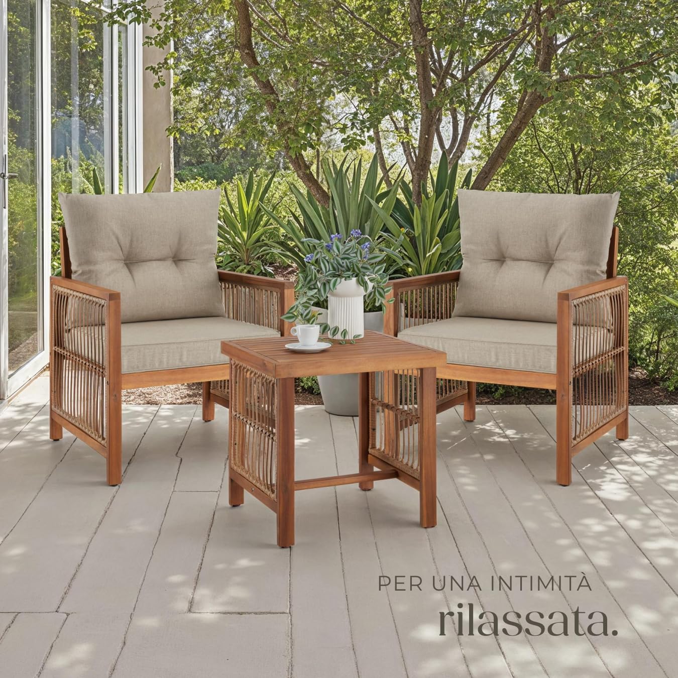 tectake® Set salottino da esterno, 2 poltrona relax e tavolino da balcone in legno acacia, intreccio corda polyrattan, cuscini sfoderabili, arredo giardino moderno, salotto balcone Sedie da Giardino