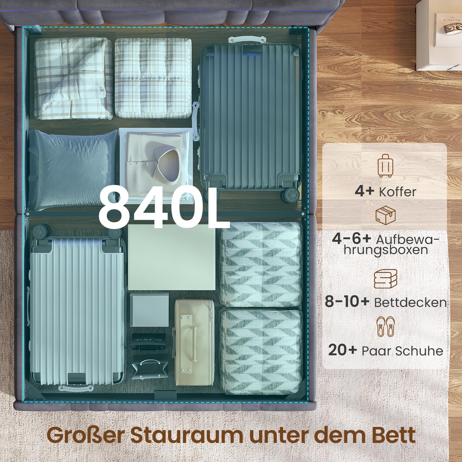 AOGLLATI Letto Matrimoniale con Contenitore 140x200 Letto Contenitore Matrimoniale Con LED Letto Contenitore Idraulico con Stazione Di Ricarica Struttura Letto con Testiera Imbottita Velluto Grigio