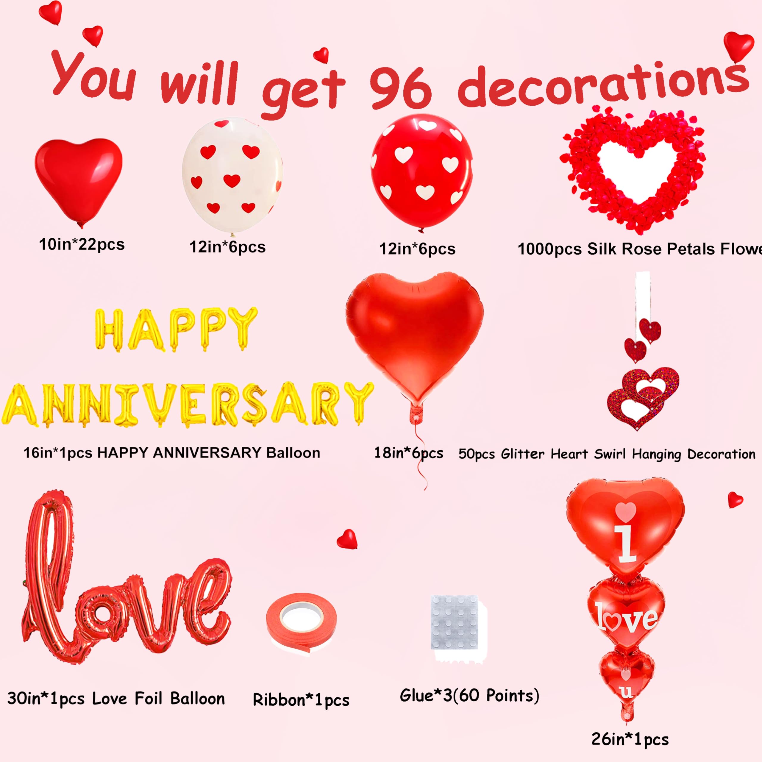 Happy Anniversary Decorations, Red Heart Balloons, Happy Anniversary Banner, Heart Hanging String, Rose Petals, Romantic Decor for Wedding, Valentines Day